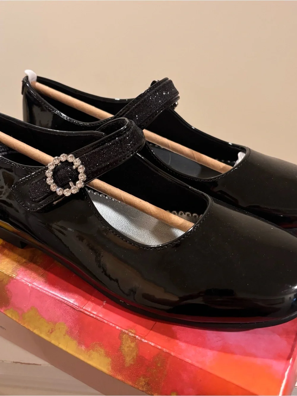 Rachel Shoes black patent leather Mary Jane flats with rhinestone buckle